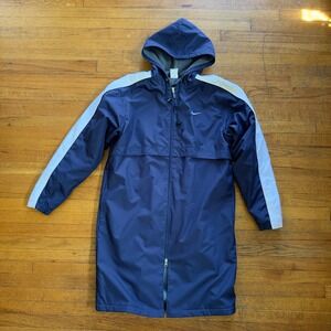 Nike Rain Coat Full Zip Hooded Windbreaker Long Fleece Lined Jacket Navy White S